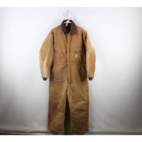 Vtg 80s Carhartt Mens 44S Distressed Quilted Canvas Insulated Coveralls Bibs USA - Picture 1 of 16